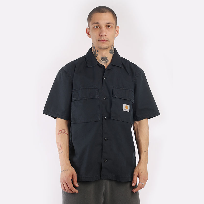 мужская синяя рубашка Carhartt WIP S/S Wynton Shirt I030456-black/amalfi - цена, описание, фото 1